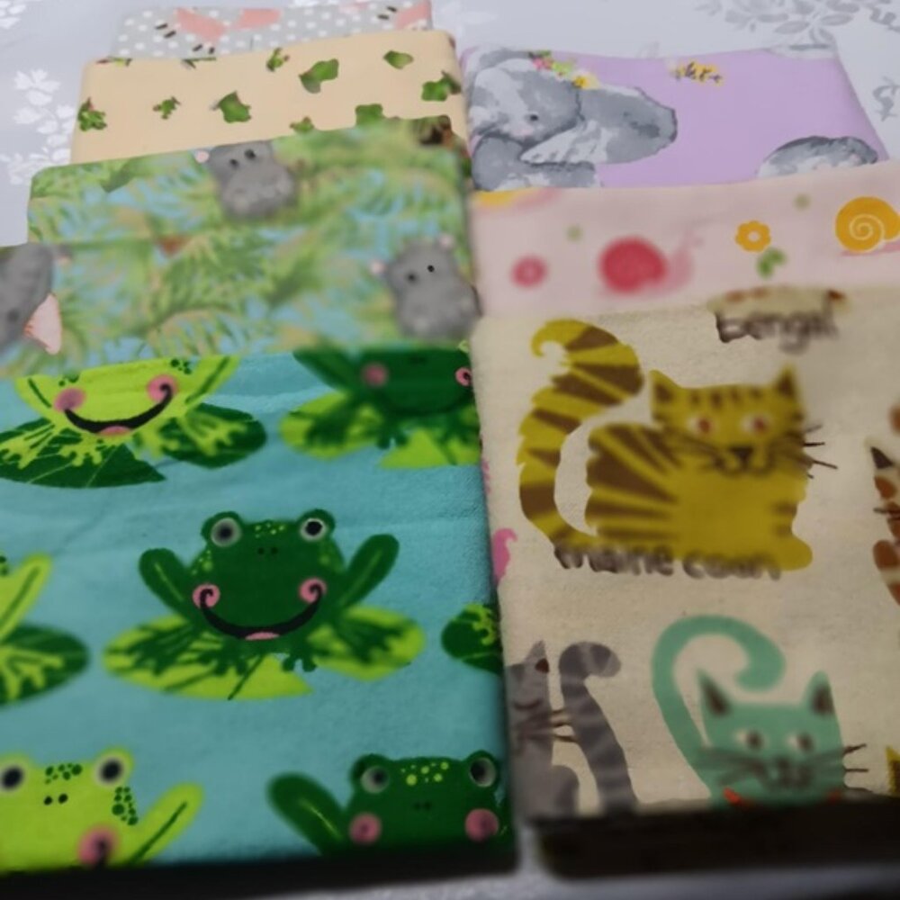 #561 10 Flannel Fat Quarters Lions, Elephants, Snails, Cats, Frogs,Foxes , NEW